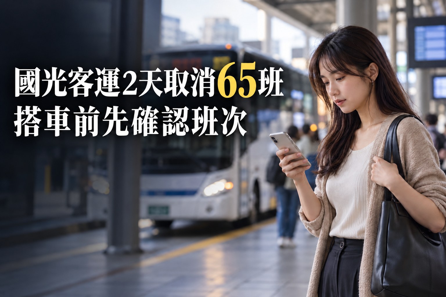 女性通勤者在轉運站查看手機,封面標題為國光客運2天取消65班