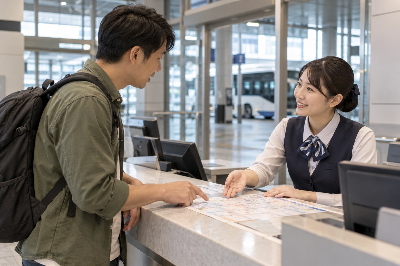 旅客在轉運站櫃台向工作人員詢問乘車資訊
